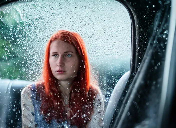 Image similar to A very high resolution image from a new movie, inside of a car, teen red hair woman, raining, hot, directed by wes anderson