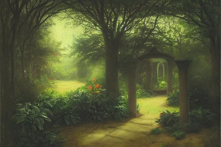 Image similar to secret garden, lush, floral, botanical, romanticism, dark, moody, hudson river school