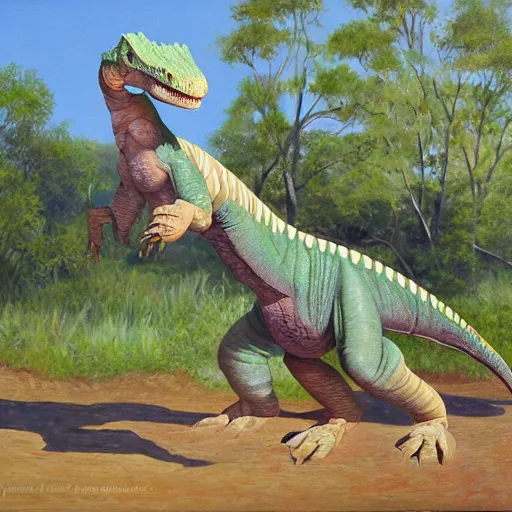 Image similar to eggroll iguanodon, eggroll dinosaur, iguanodon made of eggroll, eggronodon, painting by james gurney