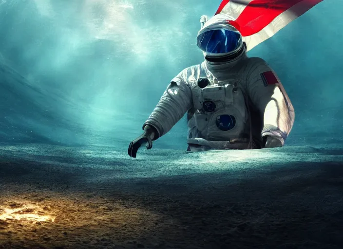 Image similar to astronaut underwater putting a flag in the sand of the bottom of the ocean. there is a submarine that looks like a rocket in the distance. dark, concept art, cinematic, dramatic, atmospheric, 8 k, trending on artstation, low visibility, zack snyder