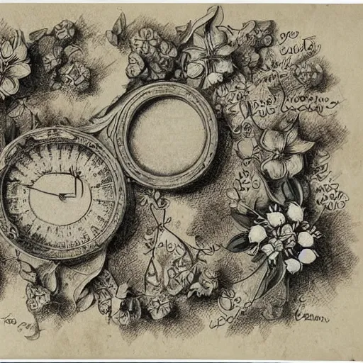 Prompt: technical drawing of a ointment based on forget me not flowers, beautiful design, baroque adorned, delicate, old book, detailed map, notes, scribbles, old paper