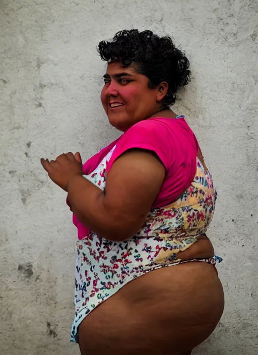 Image similar to close up portrait of a beautiful, fat 30-year-old woman from Cuba, happy, candid street portrait in the style of Martin Schoeller, award winning, Sony a7R