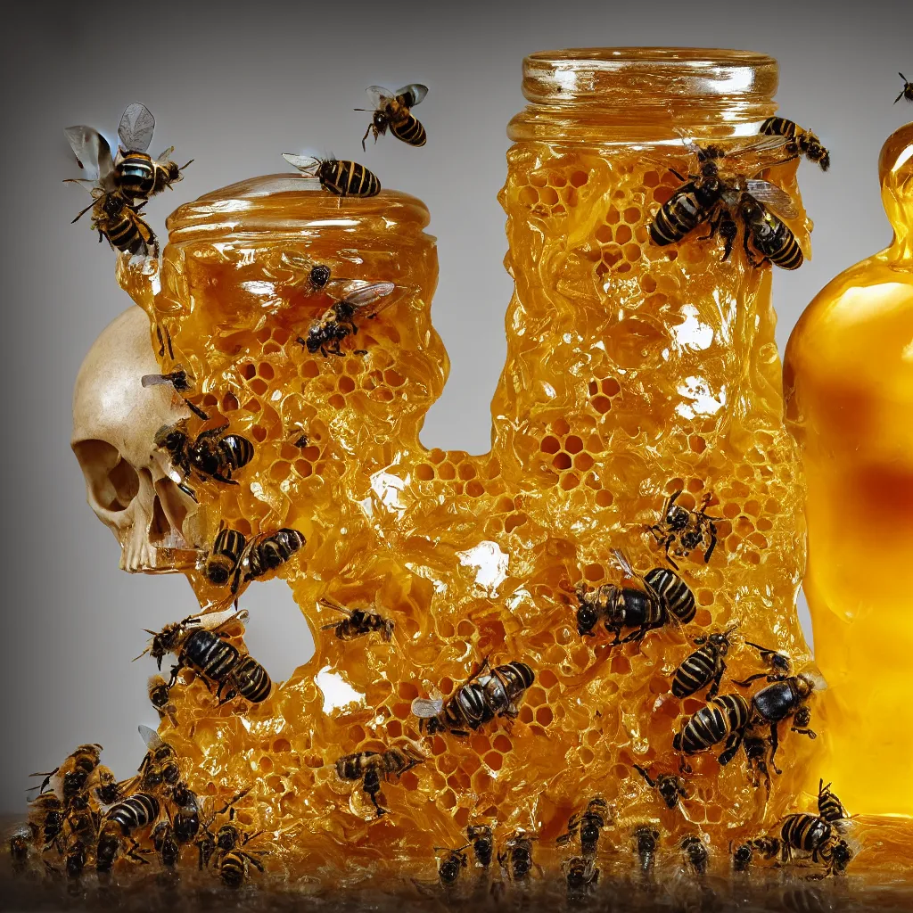 Image similar to dripping honey jar in the shape of a skull, with a honeycomb and surrounded by bees, product photography, glistening golden honey, sharp high contrast dramatic lighting, white backdrop