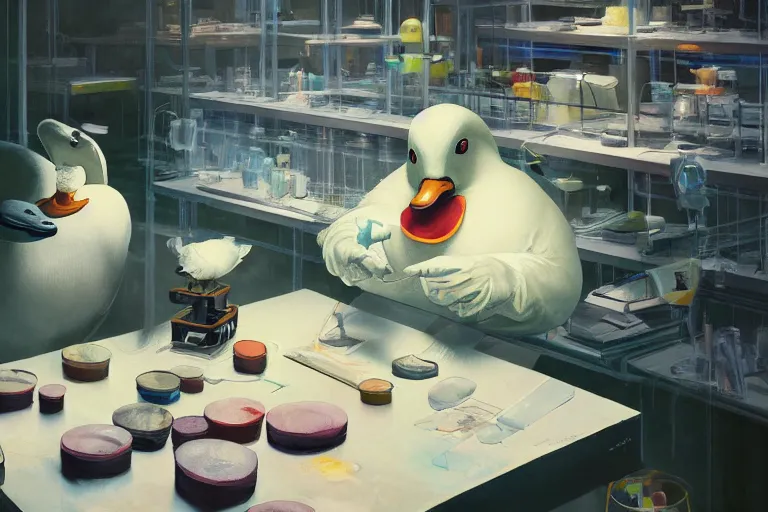 Prompt: A mixed media painting of a scientist duck working in a pcr and microbiology lab, by Frank Frazetta, Greg Rutkowski, Beeple, kawaii, post-processing, low angle, masterpiece, cinematic, isometric, volumetric lighting