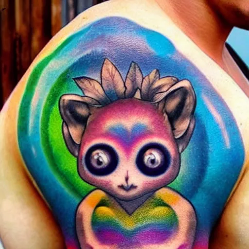 Prompt: shoulder tattoo of a multicolored hallucinating meditating cute bush baby, eyes are rainbow spirals, furry, happy mood, surrounded with colorful magic mushrooms and rainbow marihuana leaves, insanely integrate