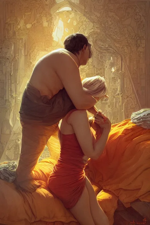 Image similar to portrait of tinfoil hat man in orange t - shirt hugging from behind his wife in a bed, feelings, romantic, fantasy, intricate, elegant, highly detailed, digital painting, artstation, concept art, smooth, sharp focus, illustration, art by artgerm and greg rutkowski and alphonse mucha