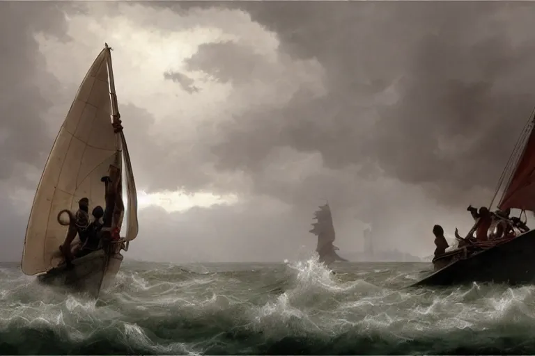 Image similar to ancient historically accurate depiction of Bible Character walking on water during a storm, a small fishing sailboat with scared sailors on board, dramatic lighting by frank miller, illustration by Ruan Jia and Mandy Jurgens and William-Adolphe Bouguereau, Artgerm, 4k, digital art, surreal, space dandy style, highly detailed, godsend, artstation, digital painting, concept art, smooth, sharp focus, illustration by Ruan Jia and Mandy Jurgens and William-Adolphe Bouguereau, Artgerm