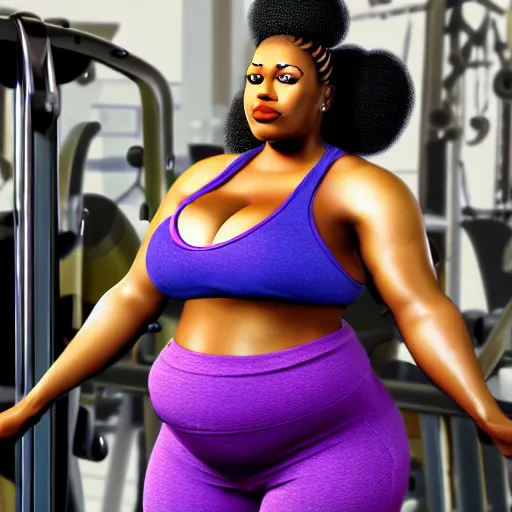 Image similar to still of black bbw woman working out, in the style of disney, comic book style, gym, highly detailed, 16k resolution, octane renderer, coherent