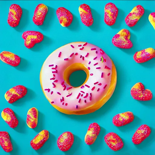 Image similar to strawberry frosted donut with sprinkles, pop art, album cover, shadow,