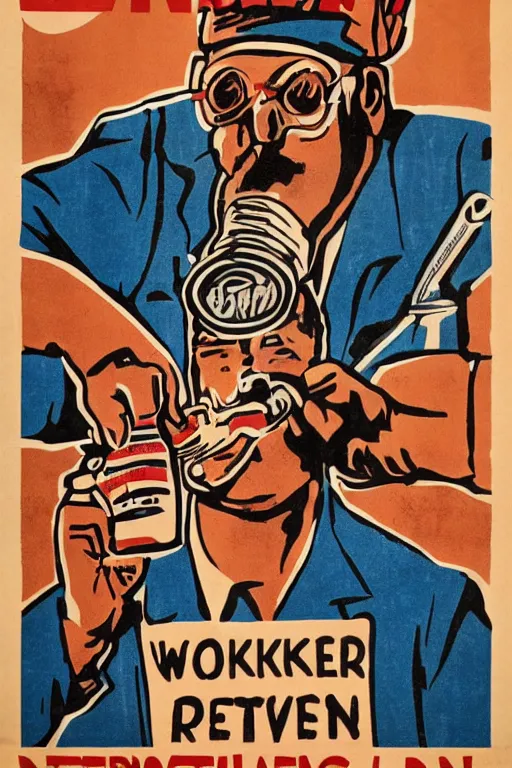 Prompt: worker revolution drinking beer and fried chicken through his head, poster propaganda art style, higly detailed