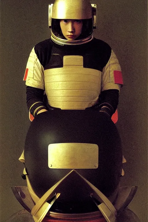 Image similar to portrait of a astronaut in samurai helmets, by bouguereau