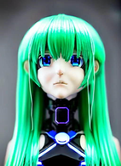 Image similar to Close-up portrait of an anime style android, robot made of anime figurine, sea-green hair and blue eyes, polycarbonate plastics, fiber-optics, fine joints, cute, wholesome, award-winning robotics