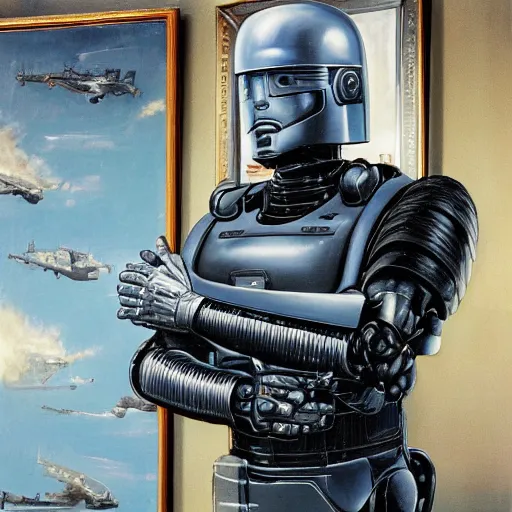 Image similar to joe biden as robocop, realistic oil painting, style of norman rockwell, 8 k, super sharp, ultra detail, rule of thirds,