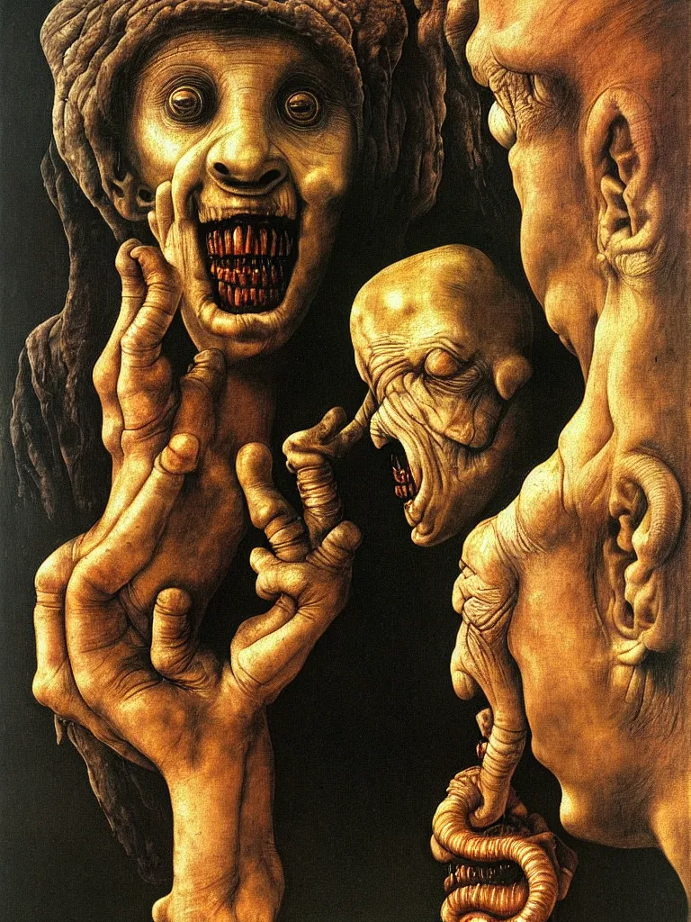 Image similar to a boy like eraserhead and elephant man with his hand, looking straight into camera, screaming in desperation, by giuseppe arcimboldo and ambrosius benson, renaissance, fruit, intricate and intense oil paint, a touch of beksinski and hr giger and edward munch, realistic, rules of composition, headspace