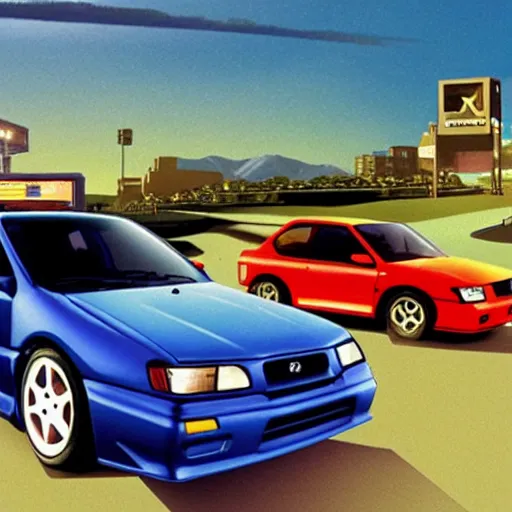 Prompt: playstation 1 cover art for a 9 0 s japanese racing game, a 1 9 9 5 subaru wrx sti, and a 1 9 9 8 honda civic are the cars on the box art.