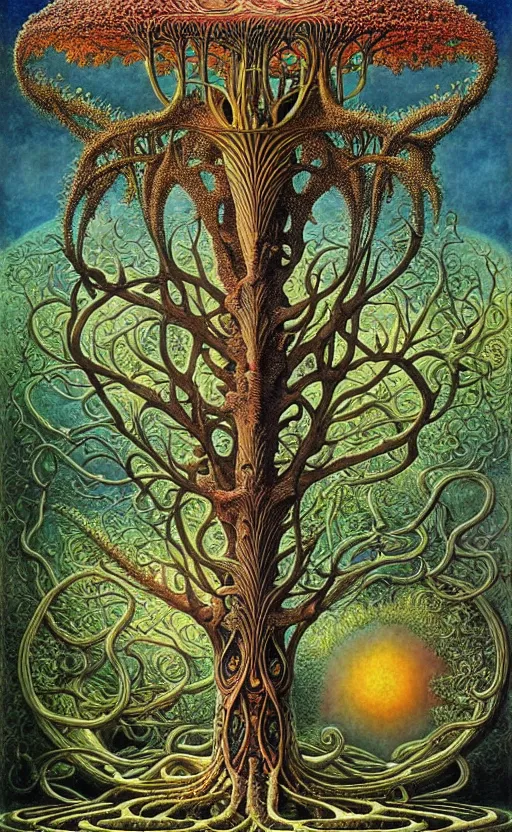 Image similar to tree of life by roger dean and andrew ferez, art forms of nature by ernst haeckel, divine chaos engine, symbolist, visionary, art nouveau, botanical fractal structures, organic, detailed, realistic, surreality