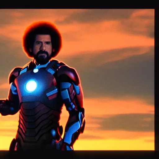 Image similar to a still of Bob Ross as Ironman. Magic Hour. Professional photography, 4K. Mood