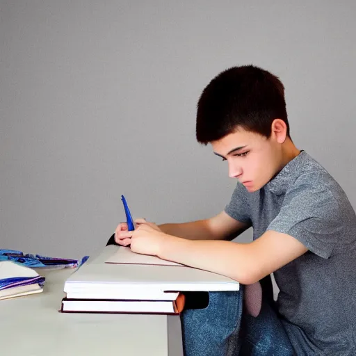 Image similar to a 1 7 years old boy, trying to study for his exams, realistic photo, hyper detailed, studio light