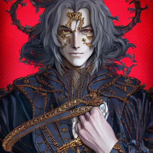 Image similar to a man grinning, baroque style, elegant, beautiful, mesmerizing, concept art, fancy clothing, highly detailed, artstation, behance, deviantart, inspired by innocent manga, inspired by castlevania concept art, trending, ayami kojima, shinichi sakamoto