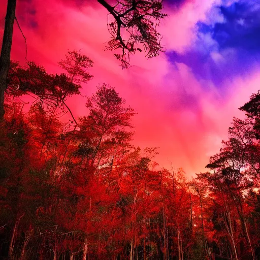 Prompt: A crimson red forest with purple clouds above it. Bright colors, cinematic lighting, other worldly.