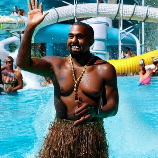 Image similar to photograph of kanye west in an aquaman costume at a waterpark.