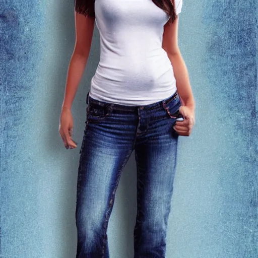 Prompt: woman in jeans wih belly, white t - shirt, realistic style, digital painting, diego fazio, samuel silva