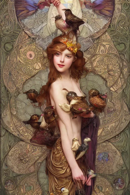 Image similar to 3 d render of english princess holding birds, ornaments, mucha vibe, dieselpunk, solarpunk, artstation