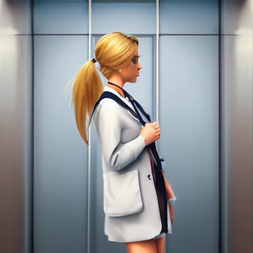 Prompt: full body profile of cute female nurse, blond hair. ponytail, white coat, in an elevator, elizabeth messina, tight focus, artstation, 4 5 mm