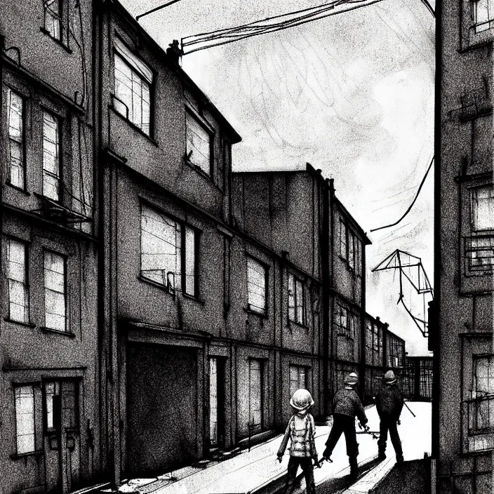 Image similar to [ sadie sink in dirty workmen clothes walks ] next to [ a long street with newcastle terraced housing ]. background : factory, dirty, polluted. technique : black and white pencil and ink. by gabriel hardman, joe alves, chris bonura. cinematic atmosphere, detailed and intricate, perfect anatomy