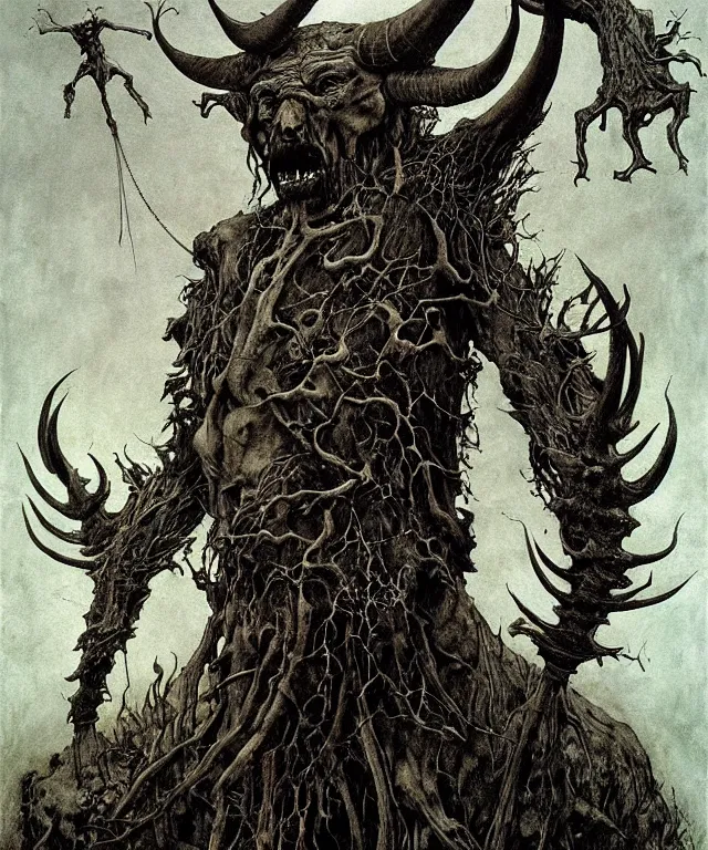 Image similar to A large horned man with gas-chainsaws instead of hands. Extremely high detailed, fine details, realistic, solo, fantasy art, masterpiece, art by Zdzisław Beksiński, Arthur Rackham, Dariusz Zawadzki