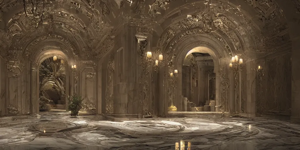 Image similar to the grand magical entrance, matte marble floors, art by kotaro chiba, volumetric lighting, epic composition