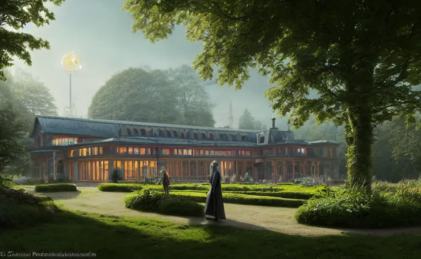 Prompt: exterior shot of utopian victorian train station on in the middle of an english garden with cinematic lighting by peter zumthor and renzo piano, darek zabrocki and greg ruthkowski, simon stalenhag, cinematic, holy place, paradise, scifi, futurism, atmospheric, concept art, artstation, trending on artstation