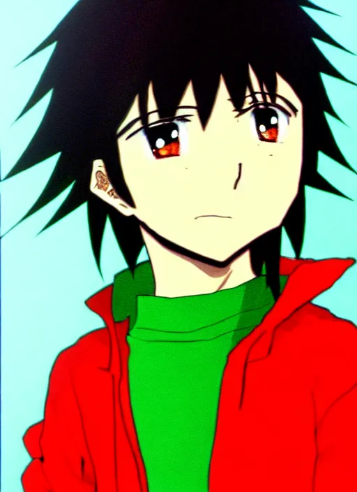 Prompt: anime portrait seu ramon seu madruga, el chavo, dark hair, red eyes, wearing green jacket,