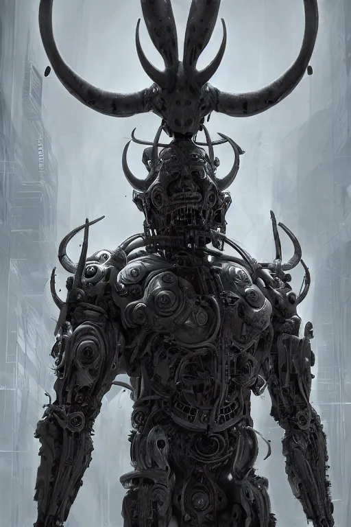 Prompt: Techno-God is an ancient mechanical gray giant chaotic horned humanoid, digital art, 8k, hyperrealism, high detail, ray tracing, concept art, octane render, Eddie Mendoza style