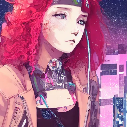 Image similar to very very high - angle, a grungy cyberpunk anime, very cute, by super ss, cyberpunk fashion, curly pink hair, night sky by wlop, james jean, victo ngai, highly detailed