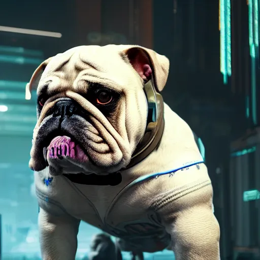 Image similar to english bulldog with augmentations cyberpunk 2 0 7 7