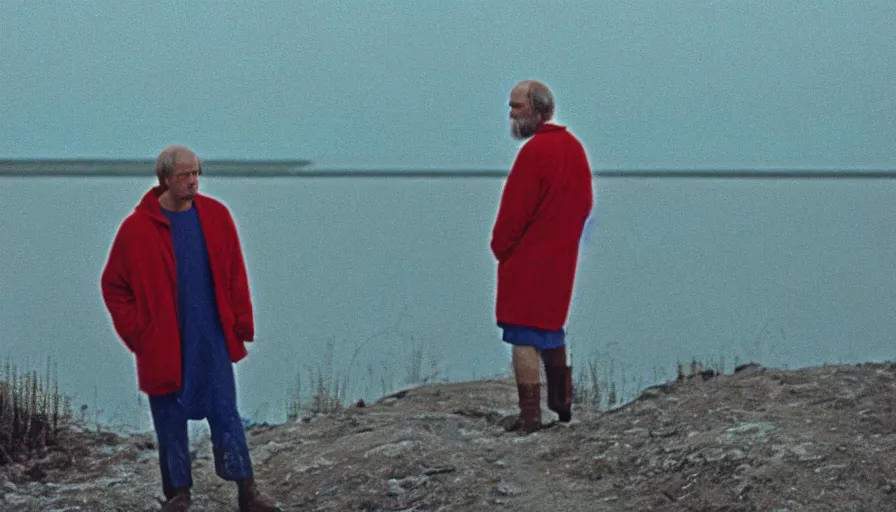 Image similar to 1 9 6 0 s movie still by tarkovsky of socrates in red lake, cinestill 8 0 0 t 3 5 mm, high quality, heavy grain, high detail, panoramic, cinematic composition, dramatic light, ultra wide lens, anamorphic