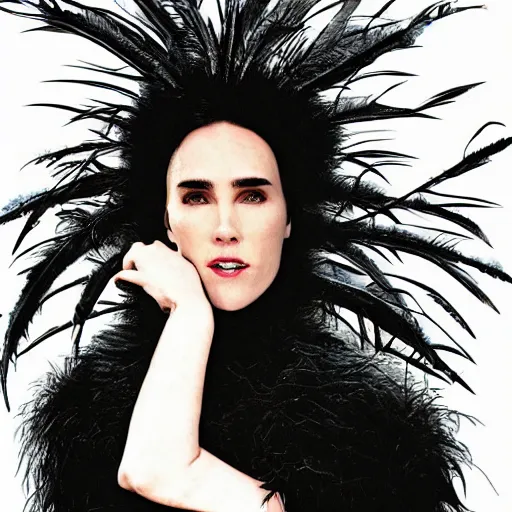 Prompt: jennifer connelly as odile the black swan, gray skin, wearing black hooded cloak, black feathers instead of hair, black feathers growing out of skin, bumpy skin, screaming, losing control, black feathers growing out of face, black hands with black claws, highly detailed, comic book, romantic, mike mignogna, david mack, trending on artstation