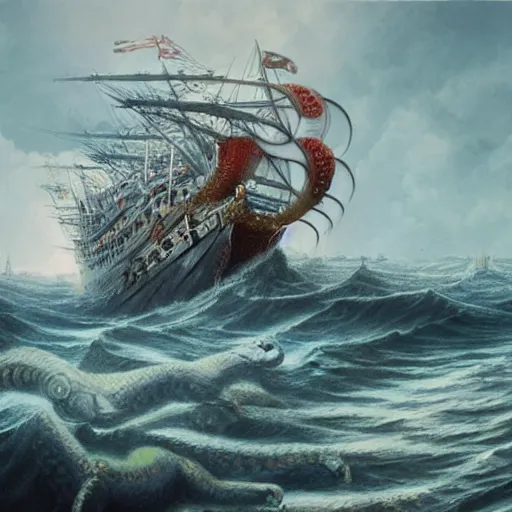 Image similar to hyper detailed painting of a ship being sunk by a giant octopus