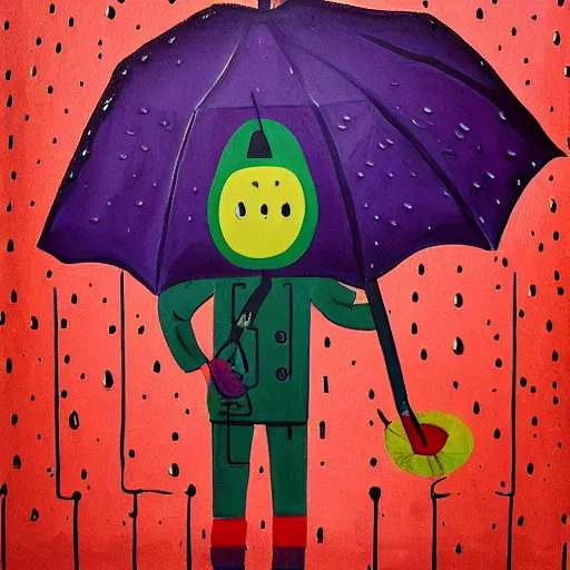 Prompt: detailed painting of paperbag head person standing at a bus stop, comic style, holding a red umbrella, glossy from rain, rain details, street filled with water, muted fall color palette,