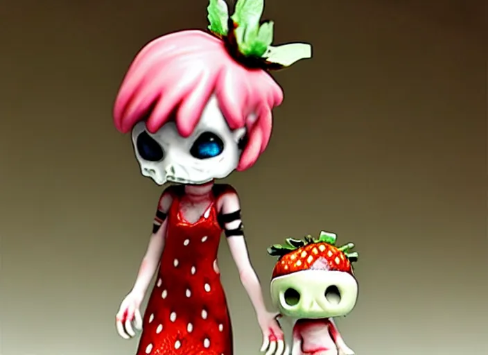 Prompt: a very depressing femo figurine of a cute funny undead strawberry fairy zombie with bandages wearing a dirty floral torn strawberry dress featured on resident evil by david cronenberg and gamesworkshop, carrying survival gear, wearing strawberry backpack, shambling aimlessly in the night, dark melancholic atmosphere, 🎀 🧟 🍓 🧚