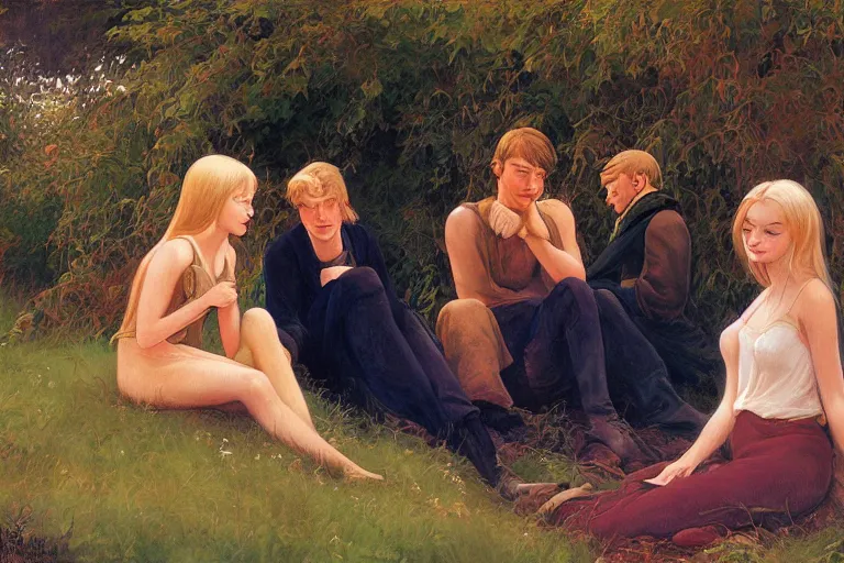 Prompt: beautiful painting of friends, beautiful faces, sitting on the edge, cute, soft light, digital painting by ralph mcquarrie and walter crane