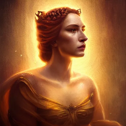 Image similar to majestic gracious regal seductive deity mater theia portrait, ancient greece, atmospheric lighting, painted, intricate, volumetric lighting, beautiful, rich deep colours masterpiece, golden hour, sharp focus, ultra detailed, by leesha hannigan, ross tran, thierry doizon, kai carpenter, ignacio fernandez rios