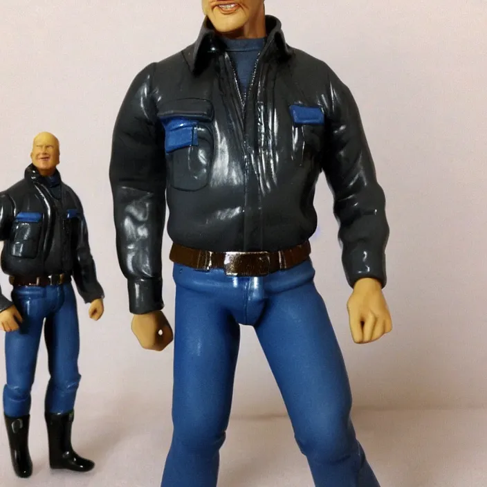 Image similar to a goodsmile figure of steve austin. a small, tight, undersized reflective bright blue round puffer jacket made of nylon. a black shirt underneath. dark jeans pants. a pair of big black rubber boots, figurine, detailed product photo