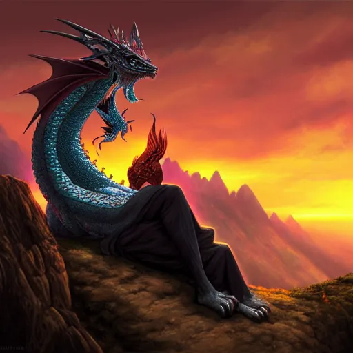 Image similar to an old wise dragon resting on a mountain looking at the sunset, portrait, fantasy, beautiful face, vivid colors, elegant, concept art, sharp focus, digital art, hyper - realistic, 4 k, unreal engine, highly detailed, hd, dramatic lighting by brom, trending on artstation