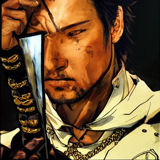 Image similar to portrait of a hero holding his sword in front of his face by yoji shinkawa, high quality, extra details, realism, ornate, colored, golden chain, blood, white skin, short hair, brown eyes, vivid, sunlight, dynamic, american man, freedom, white american soldier, painting