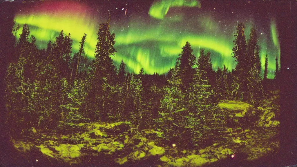 Image similar to haunted psychedelic VHS glitch polaroid of a night sky dark enclosed, winding hillside path, cozy, campfire, aurora, quiet forest night scene, spangle