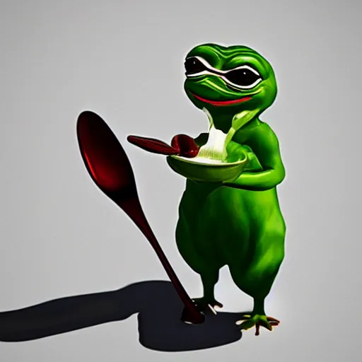 Image similar to pepe with a spoon, realistic, detailed, photography, artstation, dramatic light