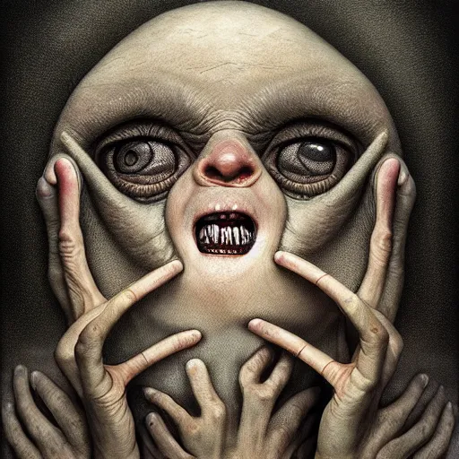 Prompt: the horror when i can't feel my face. by anton semenov, hyperrealistic photorealism acrylic on canvas