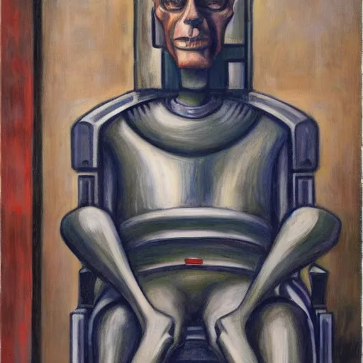 Image similar to weary cyborg king on a throne, dystopian, pj crook, edward hopper, oil on canvas